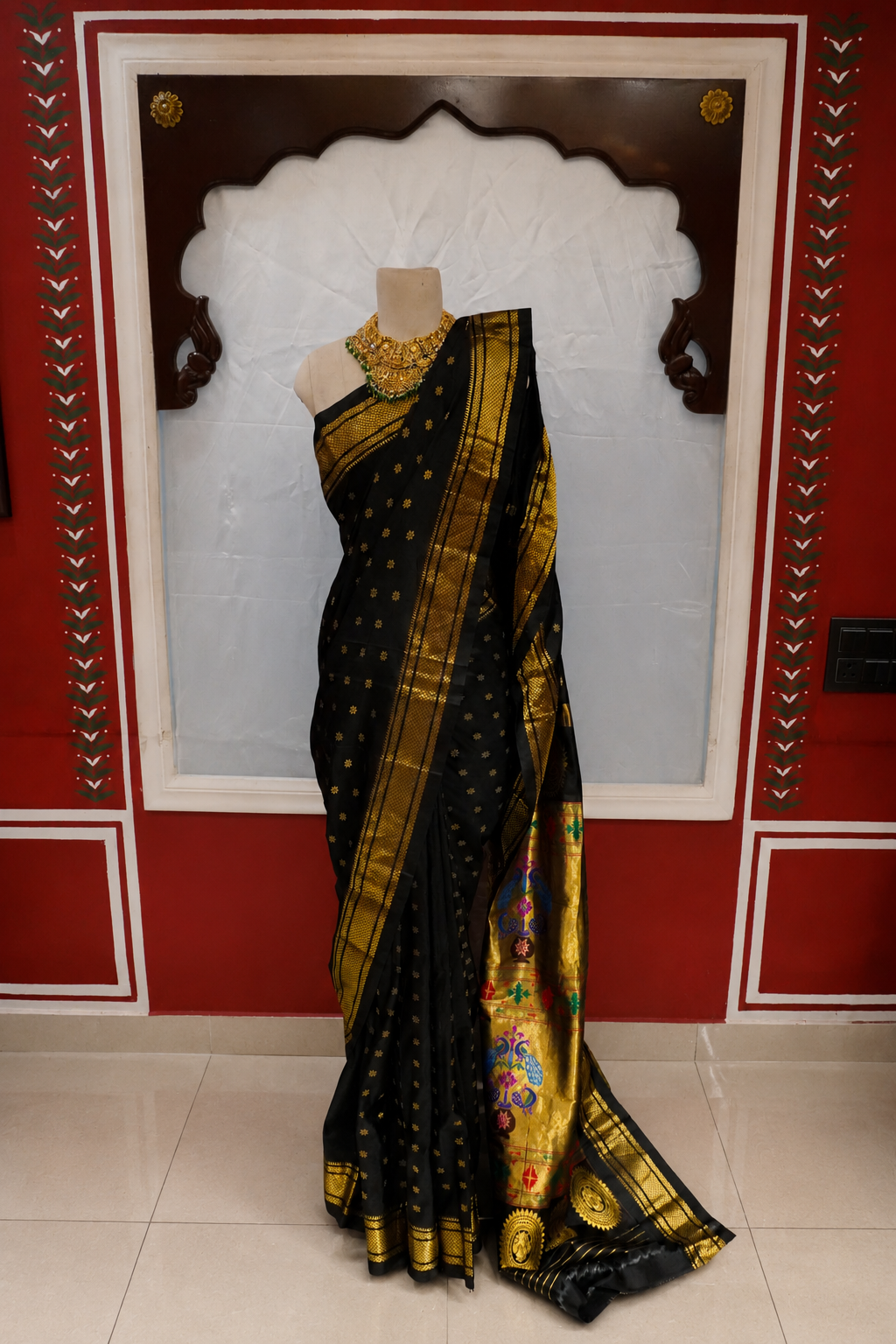 Zartari Black Paithani Silk Saree with Peacock Motif Pallu & Zari Border