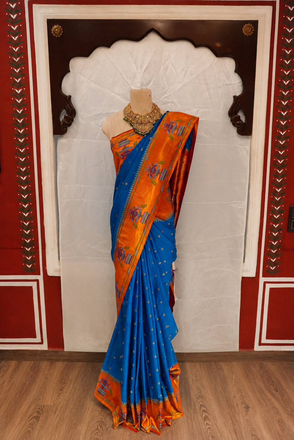 Zartari Blue Paithani Silk Saree with Orange Zari Peacock Motif Border
