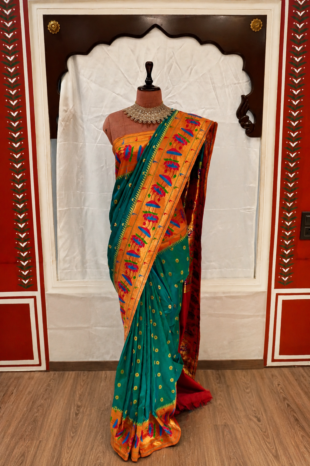Zartari Teal Paithani Silk Saree with Orange Zari Umbrella Motif Border