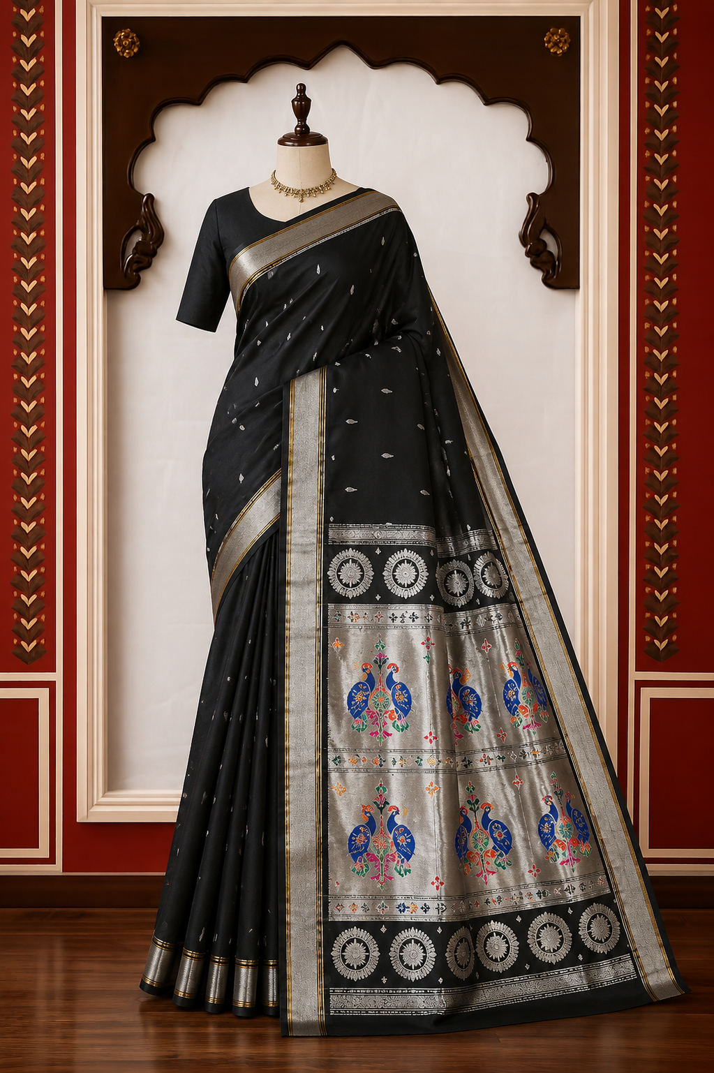 Zartari Black Paithani Silk Saree with Silver Zari Peacock Motif Pallu