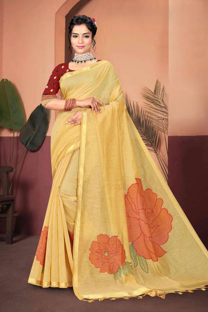 Muga Cotton Saree with Oversized Rose Motif - Elegant Solid Saree for Women