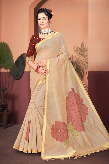 Muga Cotton Saree with Oversized Rose Motif - Elegant Solid Saree for Women