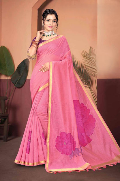 Muga Cotton Saree with Oversized Rose Motif - Elegant Solid Saree for Women