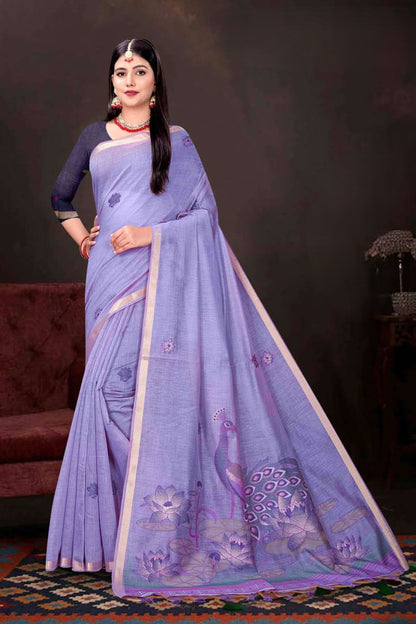 Zartari Cotton Saree with Peacock Lotus Pond Pallu - Festive Wear Saree for Women