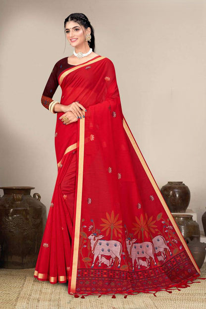 Muga Cotton Saree with Pichwai Cow Lotus Pallu - Festive Wear Saree for Women