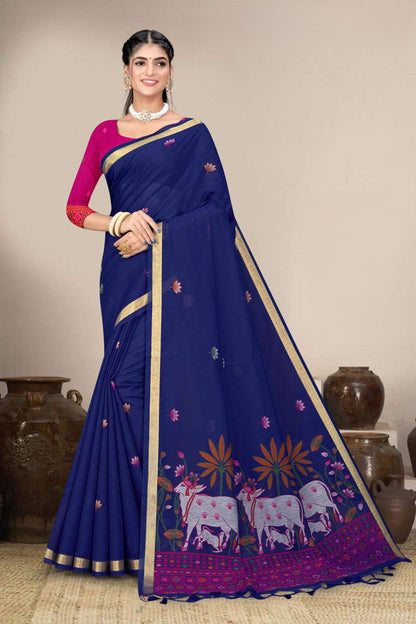 Muga Cotton Saree with Pichwai Cow Lotus Pallu - Festive Wear Saree for Women