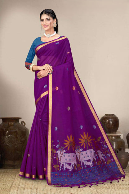 Muga Cotton Saree with Pichwai Cow Lotus Pallu - Festive Wear Saree for Women