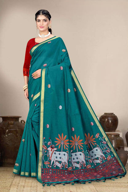 Muga Cotton Saree with Pichwai Cow Lotus Pallu - Festive Wear Saree for Women