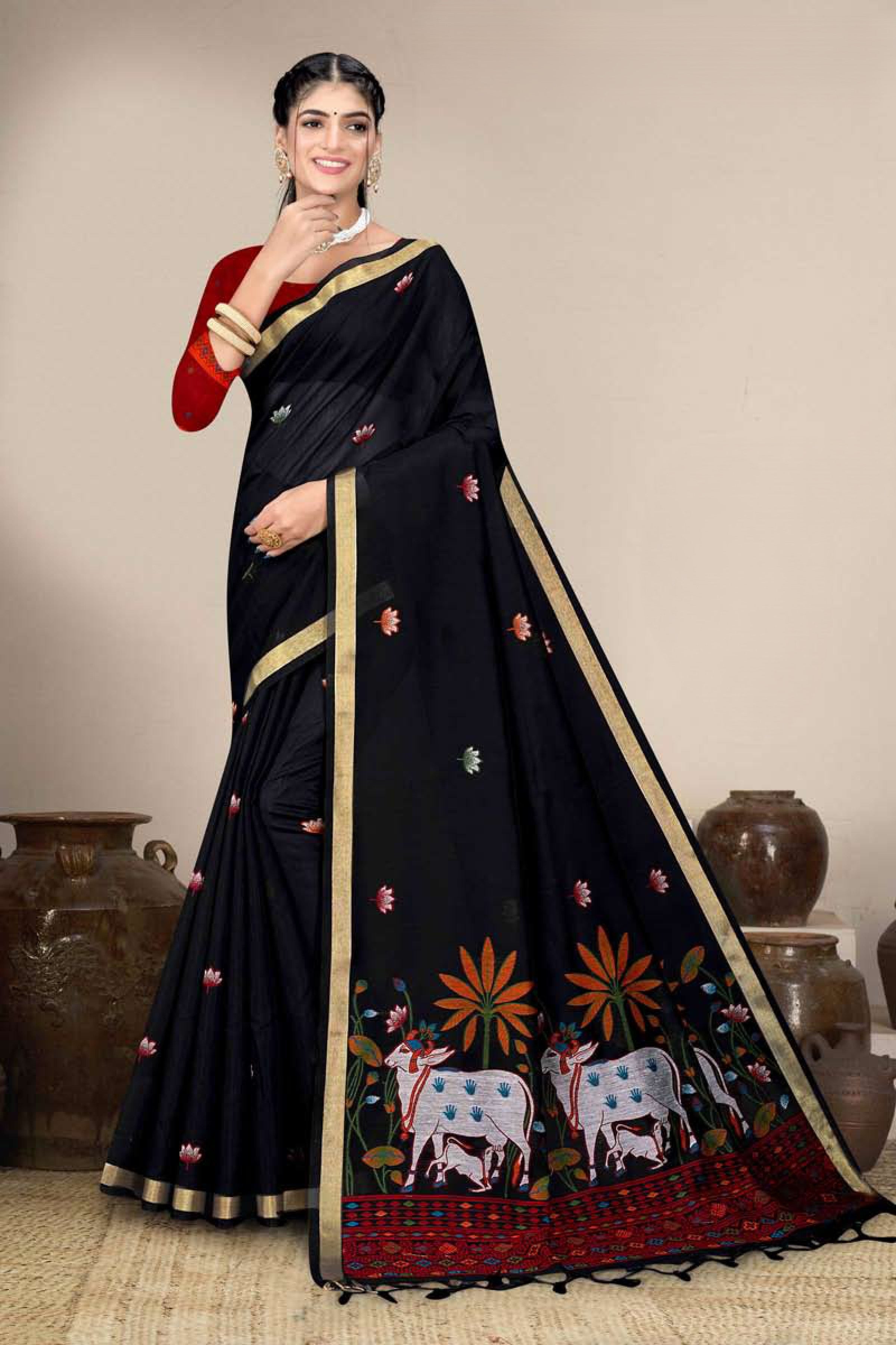 Muga Cotton Saree with Pichwai Cow Lotus Pallu - Festive Wear Saree for Women