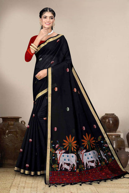 Muga Cotton Saree with Pichwai Cow Lotus Pallu - Festive Wear Saree for Women