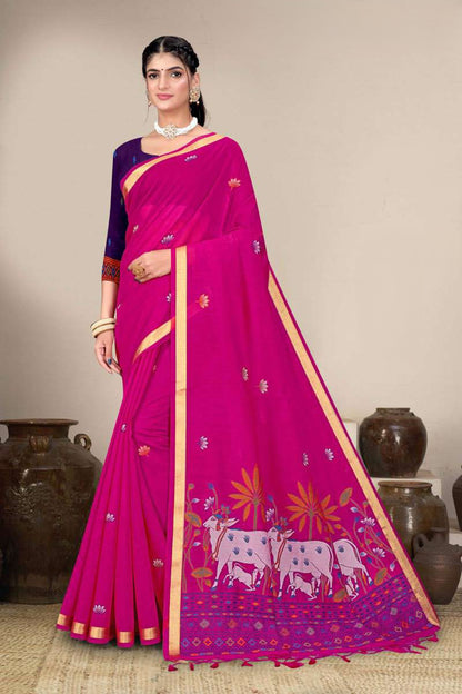 Muga Cotton Saree with Pichwai Cow Lotus Pallu - Festive Wear Saree for Women