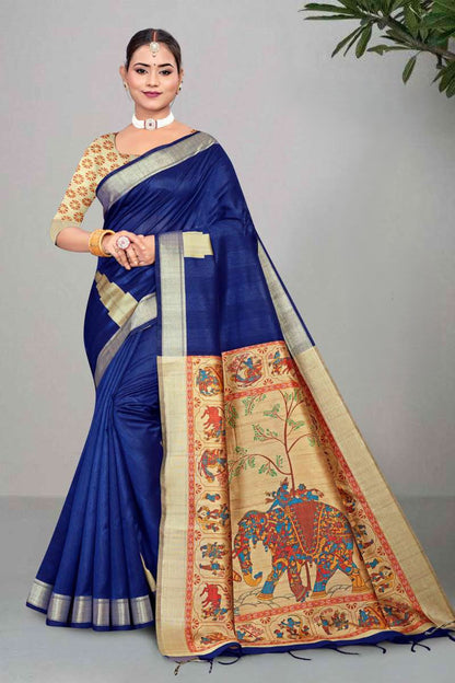 Mullai Tussar Saree featuring Elegant Zari Temple Border & Royal Pichwai Style Pallu