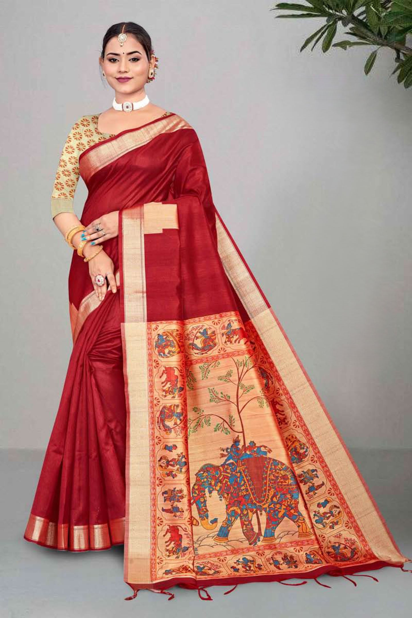 Mullai Tussar Saree featuring Elegant Zari Temple Border & Royal Pichwai Style Pallu