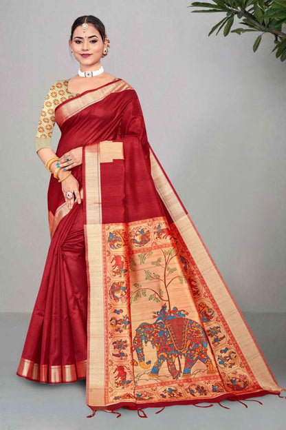 Mullai Tussar Saree featuring Elegant Zari Temple Border & Royal Pichwai Style Pallu