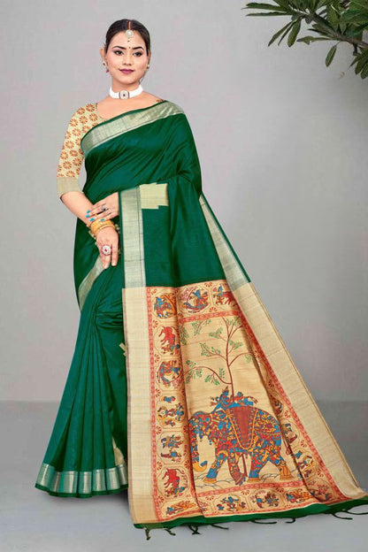 Mullai Tussar Saree featuring Elegant Zari Temple Border & Royal Pichwai Style Pallu