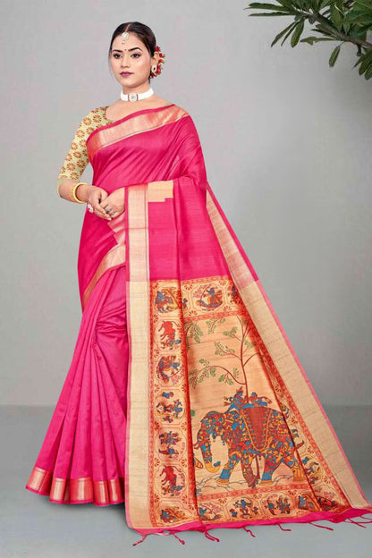 Mullai Tussar Saree featuring Elegant Zari Temple Border & Royal Pichwai Style Pallu