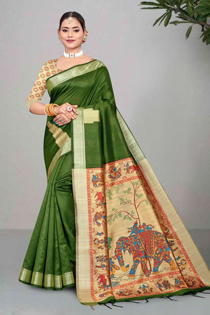 Mullai Tussar Saree featuring Elegant Zari Temple Border & Royal Pichwai Style Pallu