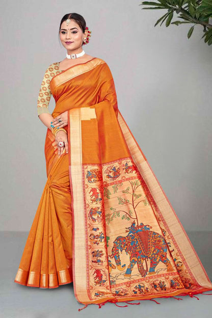 Mullai Tussar Saree featuring Elegant Zari Temple Border & Royal Pichwai Style Pallu