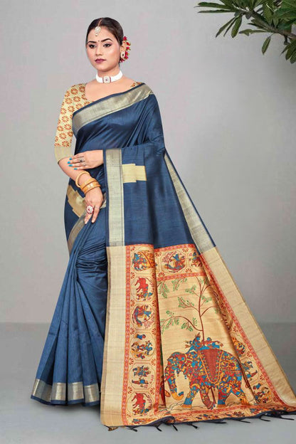 Mullai Tussar Saree featuring Elegant Zari Temple Border & Royal Pichwai Style Pallu