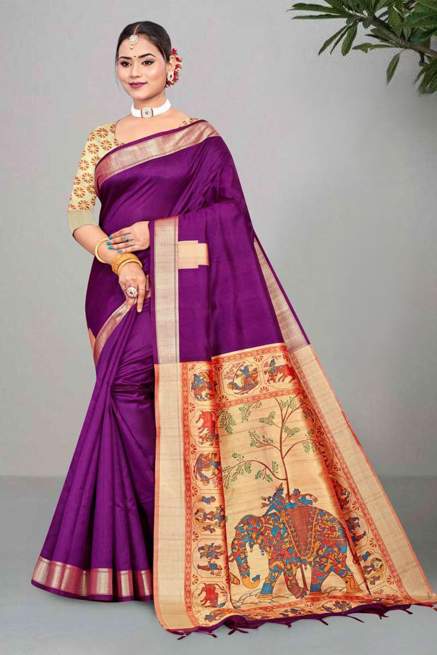 Mullai Tussar Saree featuring Elegant Zari Temple Border & Royal Pichwai Style Pallu