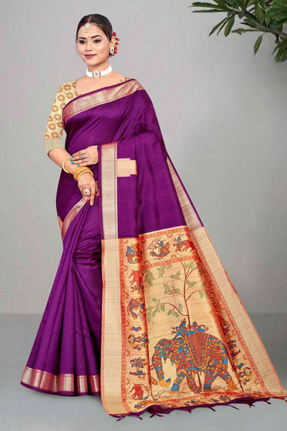Mullai Tussar Saree featuring Elegant Zari Temple Border & Royal Pichwai Style Pallu