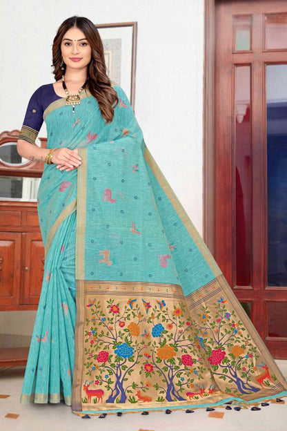 Pure Linen Paithani Saree with Deer & Floral Tree Pallu - Festive Wear Saree