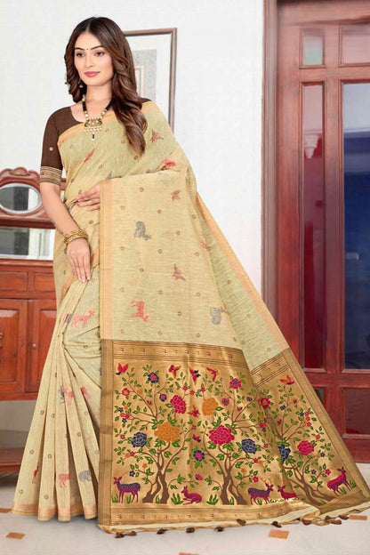 Pure Linen Paithani Saree with Deer & Floral Tree Pallu - Festive Wear Saree