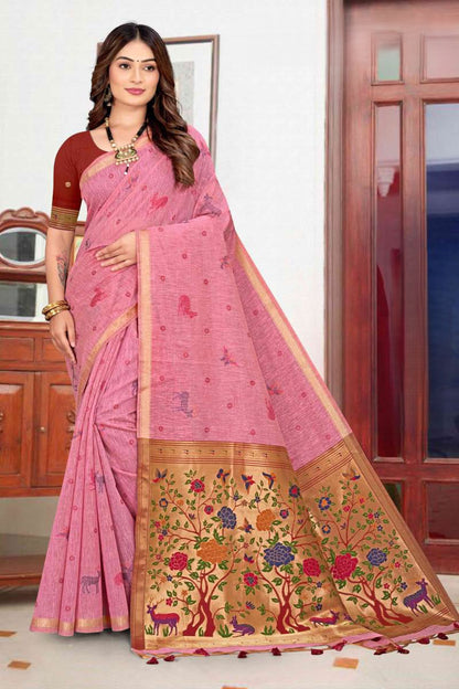 Pure Linen Paithani Saree with Deer & Floral Tree Pallu - Festive Wear Saree
