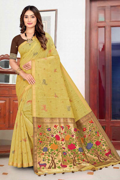 Pure Linen Paithani Saree with Deer & Floral Tree Pallu - Festive Wear Saree