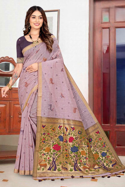 Pure Linen Paithani Saree with Deer & Floral Tree Pallu - Festive Wear Saree