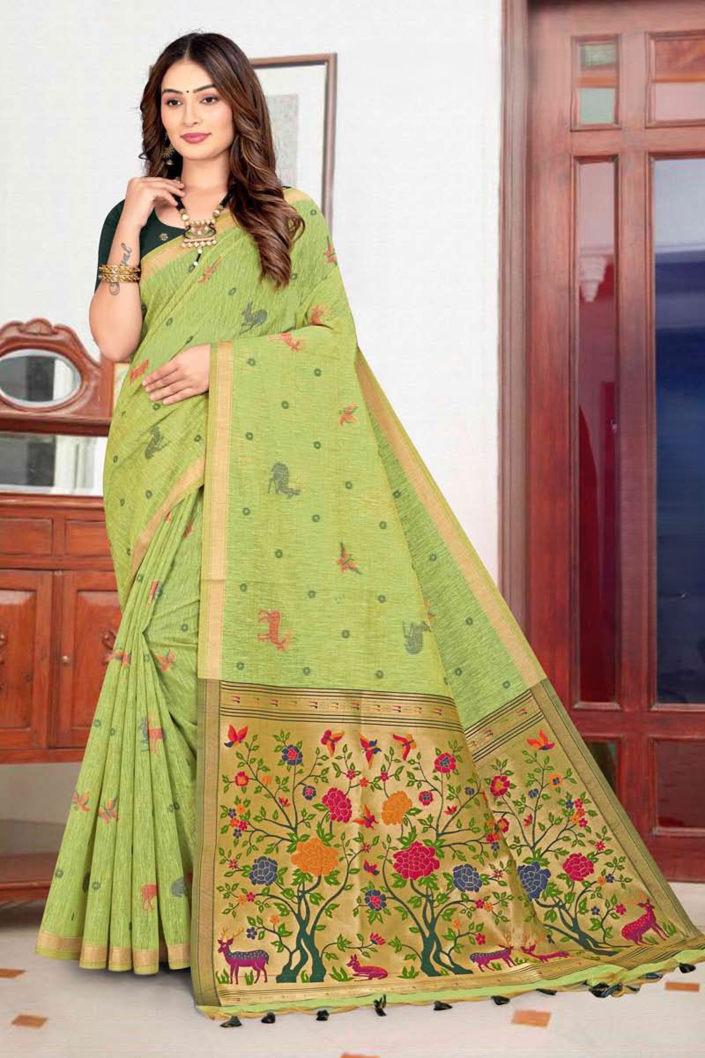 Pure Linen Paithani Saree with Deer & Floral Tree Pallu - Festive Wear Saree
