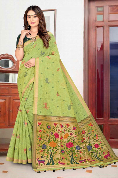 Pure Linen Paithani Saree with Deer & Floral Tree Pallu - Festive Wear Saree