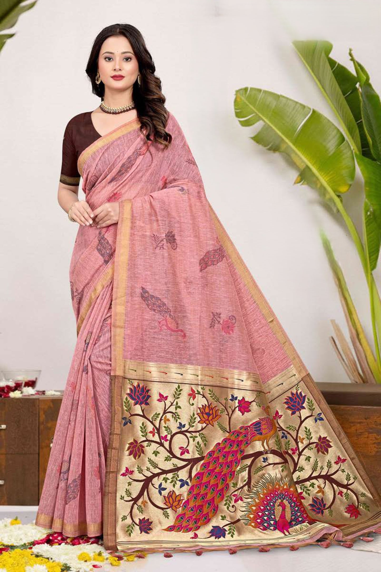 Paithani Saree with Peacock Tree of Life Pallu, Printed Feather Motif - Festive & Office Wear Saree for Women