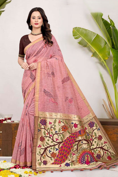 Paithani Saree with Peacock Tree of Life Pallu, Printed Feather Motif - Festive & Office Wear Saree for Women