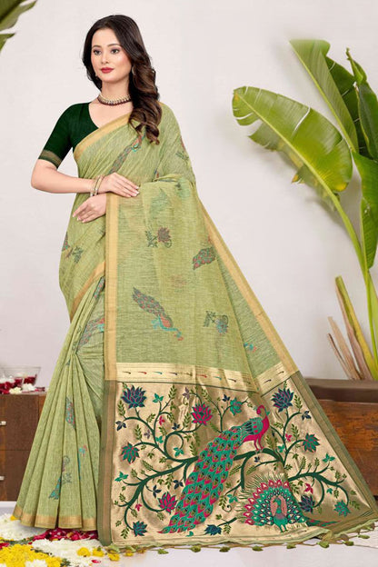 Paithani Saree with Peacock Tree of Life Pallu, Printed Feather Motif - Festive & Office Wear Saree for Women