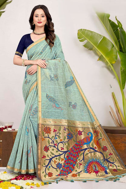 Paithani Saree with Peacock Tree of Life Pallu, Printed Feather Motif - Festive & Office Wear Saree for Women