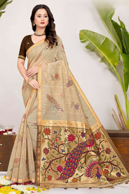 Paithani Saree with Peacock Tree of Life Pallu, Printed Feather Motif - Festive & Office Wear Saree for Women