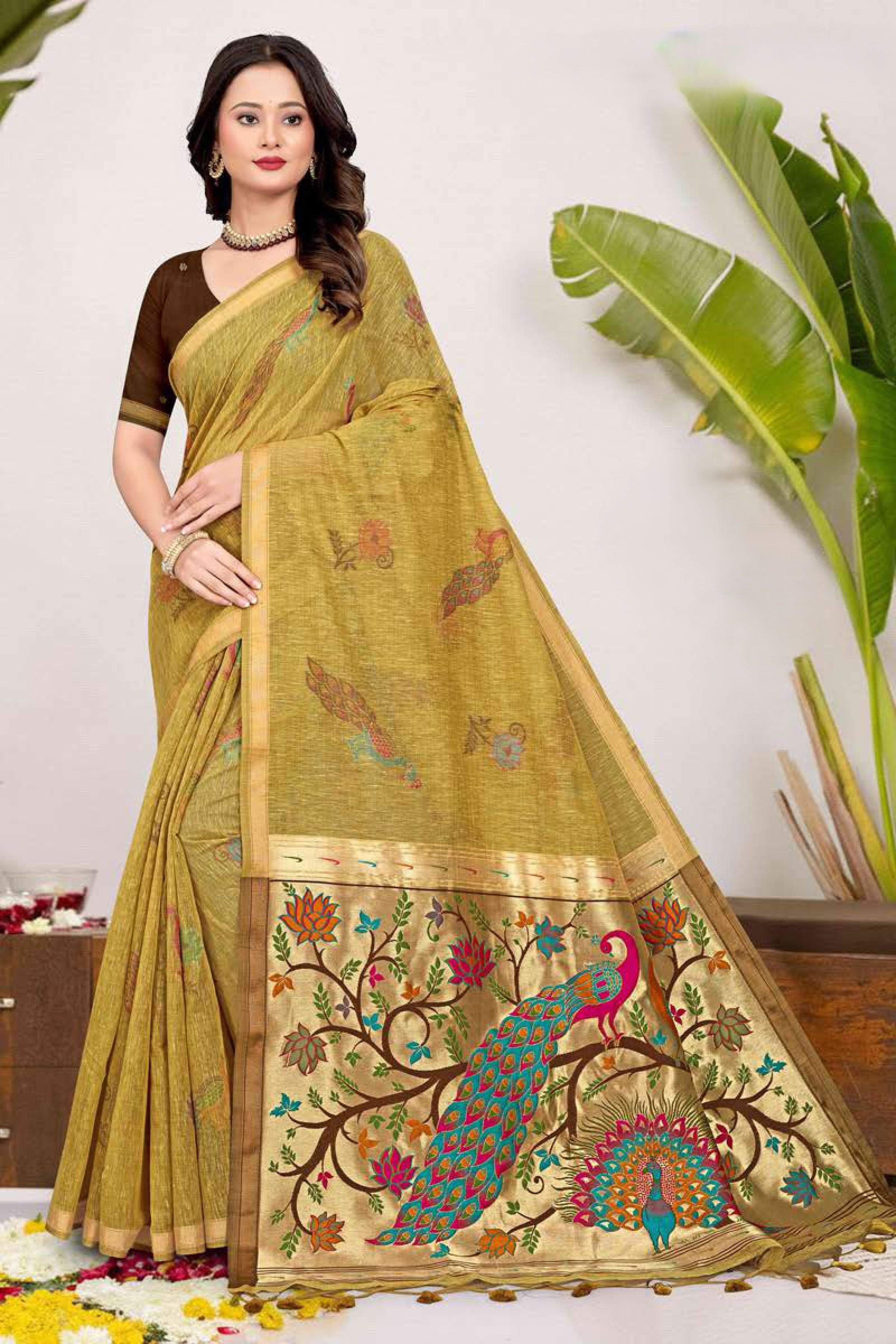 Paithani Saree with Peacock Tree of Life Pallu, Printed Feather Motif - Festive & Office Wear Saree for Women