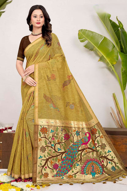 Paithani Saree with Peacock Tree of Life Pallu, Printed Feather Motif - Festive & Office Wear Saree for Women
