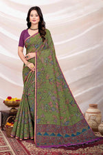 Elegant Floral Printed Linen Saree with Contrast Blouse Piece – Traditional Casual & Office Wear Saree