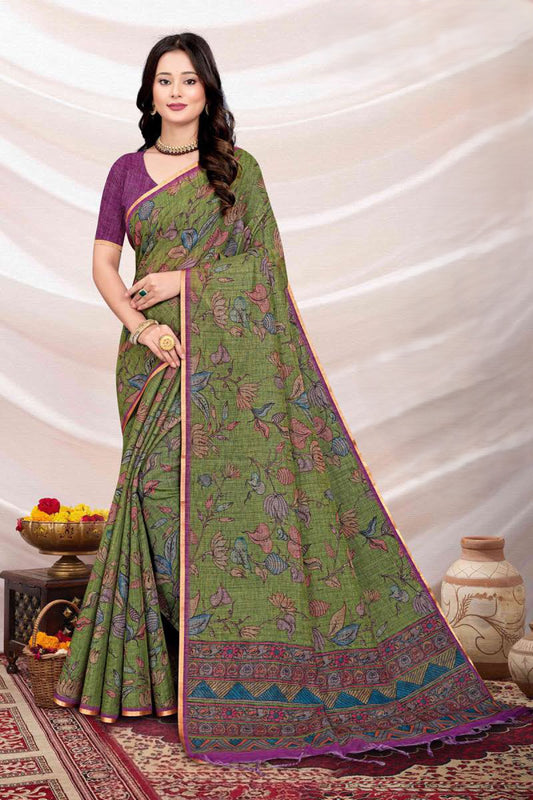 Elegant Floral Printed Linen Saree with Contrast Blouse Piece – Traditional Casual & Office Wear Saree