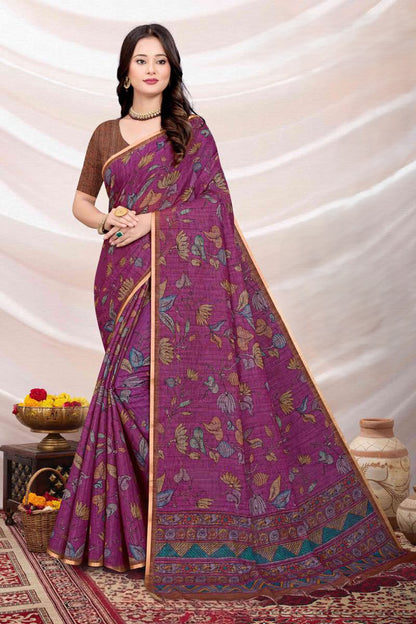 Elegant Floral Printed Linen Saree with Contrast Blouse Piece – Traditional Casual & Office Wear Saree