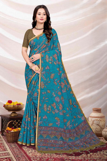 Elegant Floral Printed Linen Saree with Contrast Blouse Piece – Traditional Casual & Office Wear Saree