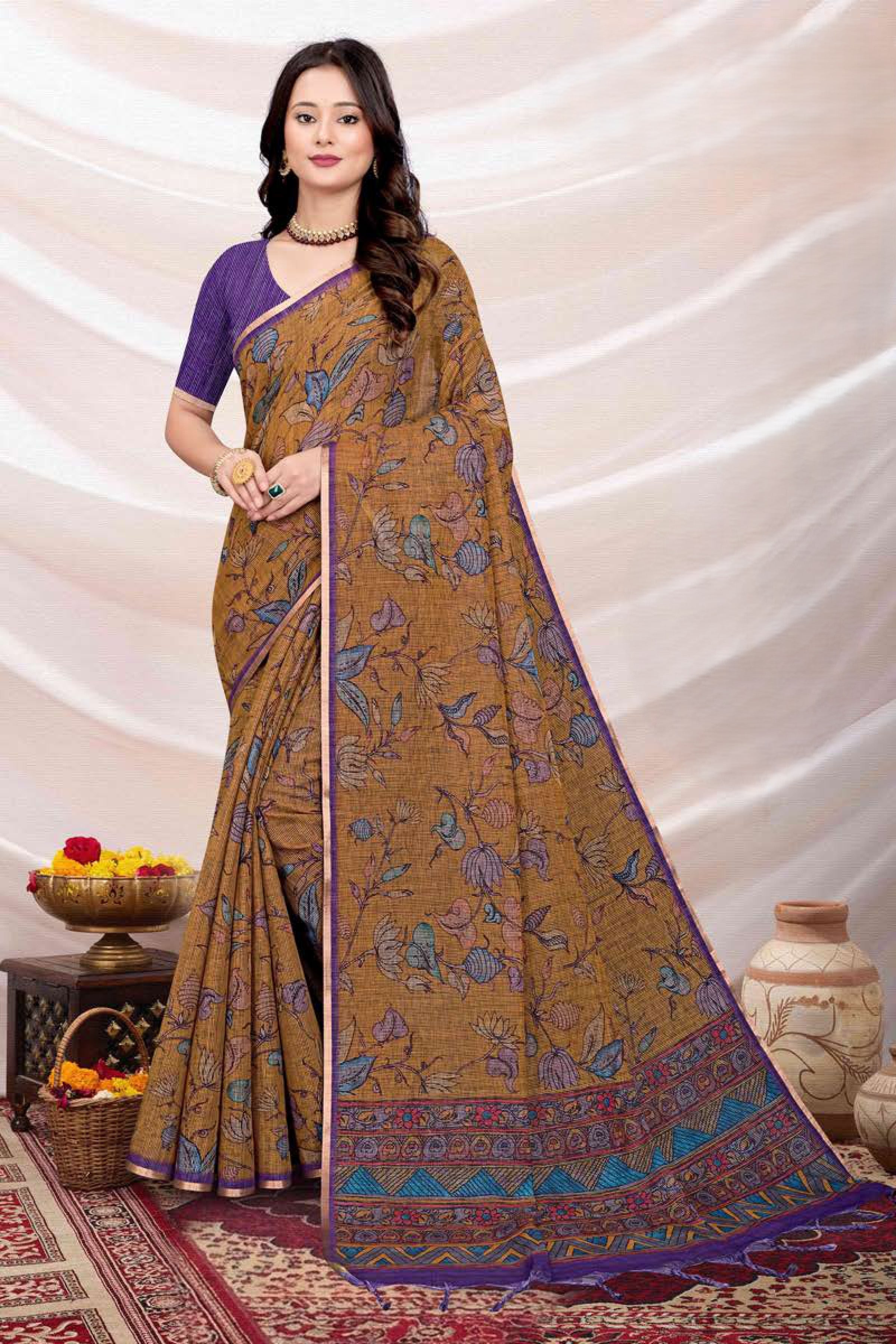 Elegant Floral Printed Linen Saree with Contrast Blouse Piece – Traditional Casual & Office Wear Saree
