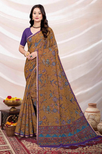 Elegant Floral Printed Linen Saree with Contrast Blouse Piece – Traditional Casual & Office Wear Saree