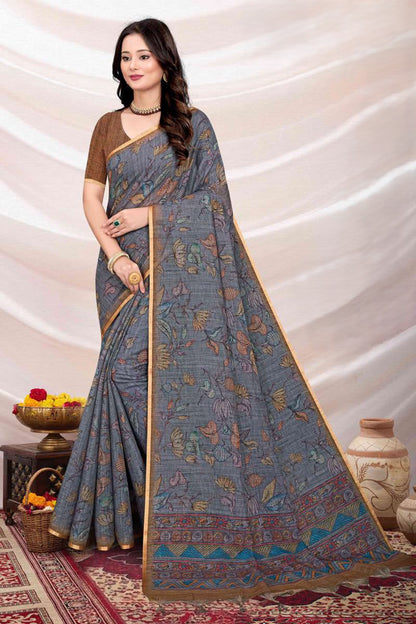 Elegant Floral Printed Linen Saree with Contrast Blouse Piece – Traditional Casual & Office Wear Saree