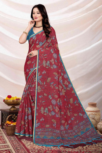 Elegant Floral Printed Linen Saree with Contrast Blouse Piece – Traditional Casual & Office Wear Saree