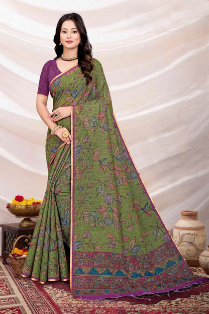 Elegant Floral Printed Linen Saree with Contrast Blouse Piece – Traditional Casual & Office Wear Saree