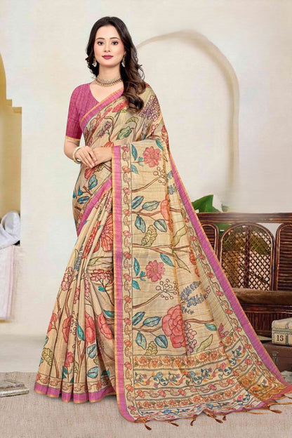 Premium Tissue Tussar Silk Saree with Elegant Floral Madhubani-Inspired Prints and Contrast Blouse