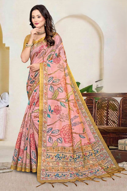 Premium Tissue Tussar Silk Saree with Elegant Floral Madhubani-Inspired Prints and Contrast Blouse